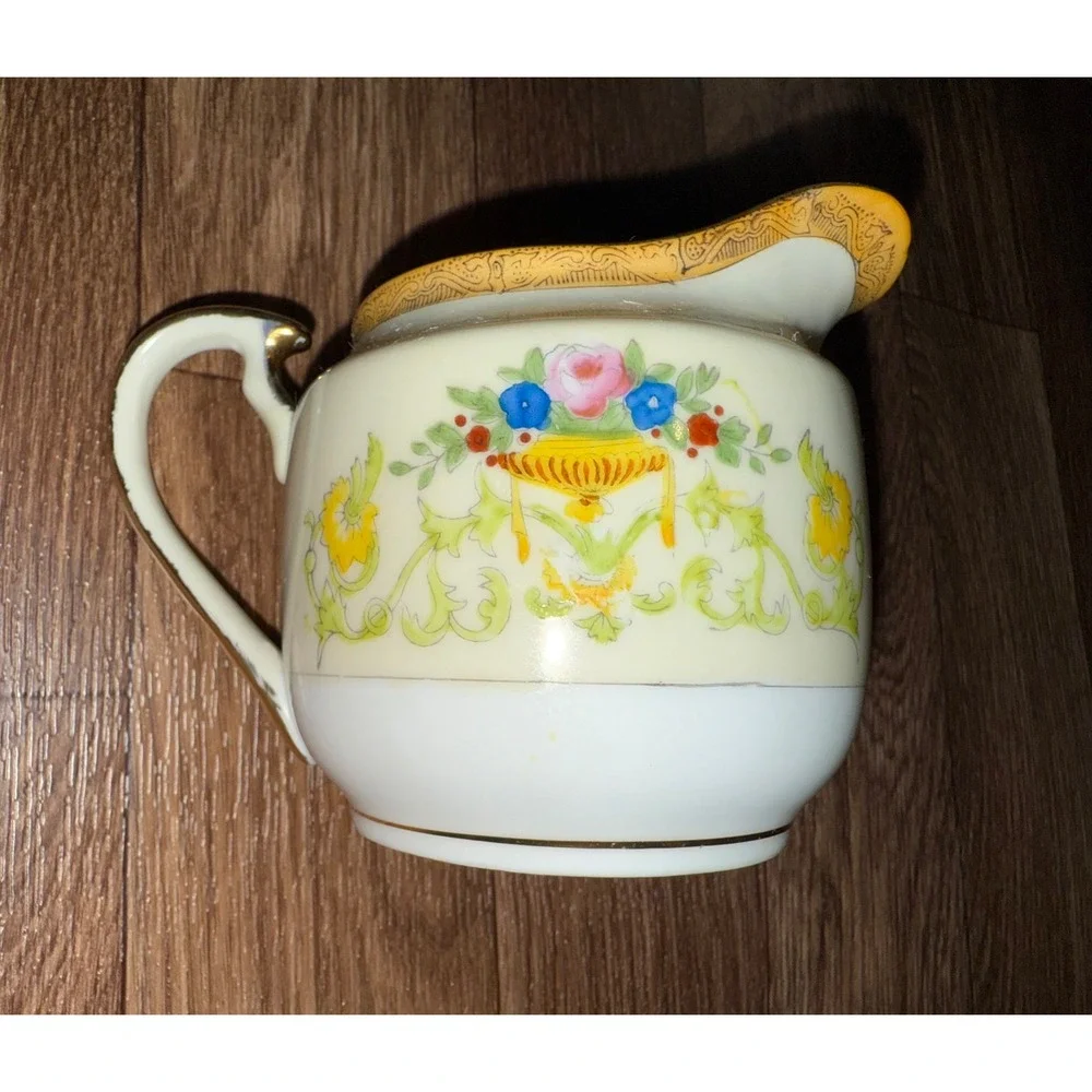 Vintage Cream Floral Sugar Bowl with‎ Lid and Creamer Set Made in Japan
